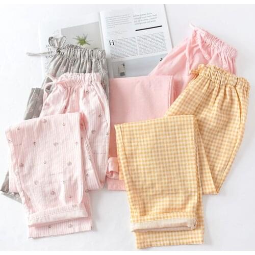 Home Pants Women Sleep Pants Men Sleep Bottoms plaid Casual Printing Pyjamas Spring and Summer Couples Cotton Double Gauze Thin