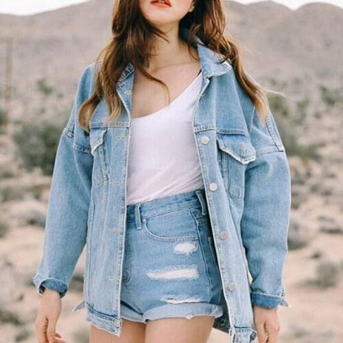 Denim Jacket for Women Ripped Jean Jacket Boyfriend Long Sleeve Coat Vintage Denim Jacket Oversized Style ouc477