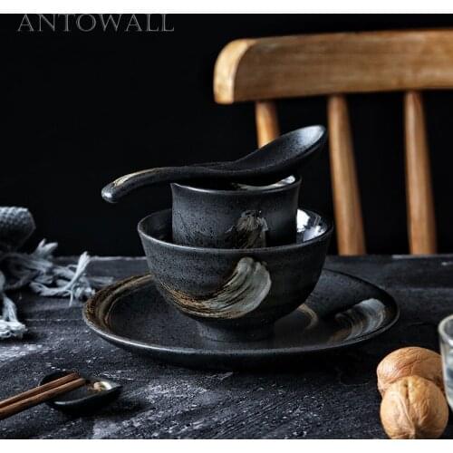 ANTOWALL Japanese style ceramic tableware set home retro simple single 5 piece set dish restaurant dinnerware set