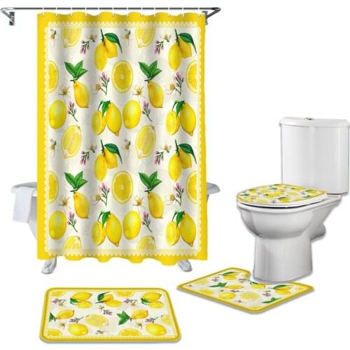 Lemon Yellow Pastoral Style Shower Curtain Toilet Lid Cover Bath Mat Set Bathroom Curtains Non-slip Rug Bathtub Home Decor