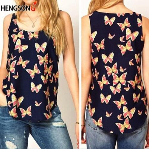 Fashion Chiffon Women Tanks Vest Butterfly Printed Female Camis Ladies Female O-neck Tops Sleeveless Woman Tees