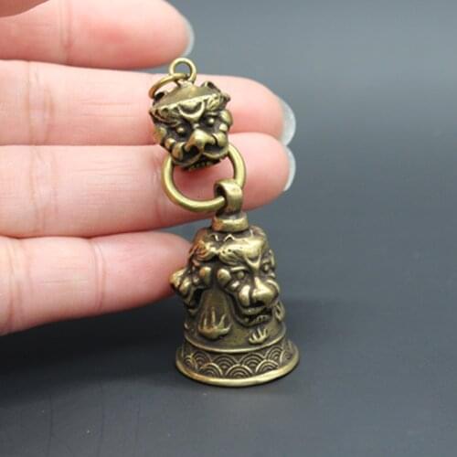 Mini) Delicate Old-style Brass Carved Ancient Chinese Beast Statue Auspicious Bell Pendant