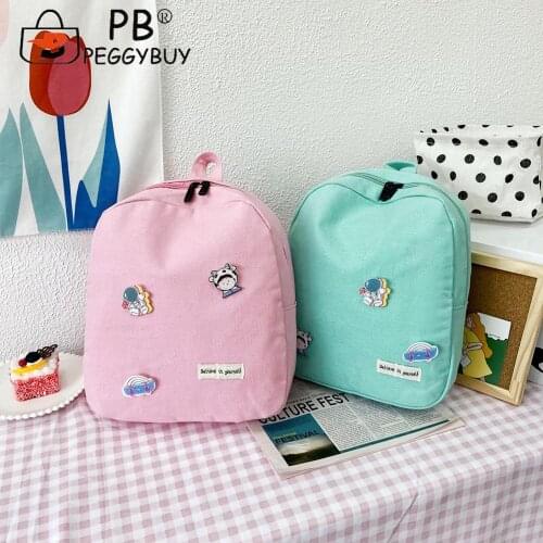 Fashion Women Canvas Solid Color Cartoon Badges Backpack Casual Large Rucksack Students Korean Style Fashion Retro Bagpack