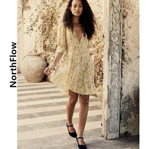 Northflow Women Dress Mini Print Floral Single Breasted Puff Sleeve De Fiesta Party Dress Vestidos Robe Femme