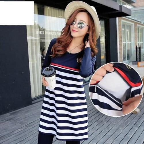 2021 New Maternity Nursing Dress Casual Maternity Striped Dresses Long-Sleeve Nursing Tops Pregnant Women Breastfeeding Dress