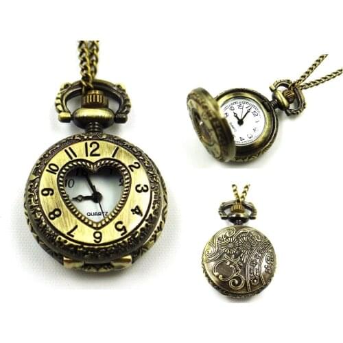 NEW Small Bronze POCKET WATCH HOLLOWED HEART LID steampunk chain necklace Watch Women