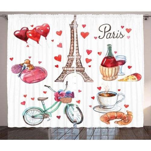 Paris Curtains Eiffel Tower Hearts Red Wine Coffee Living Room Decor Curtains Bedroom Window Drapes Curtains for Kitchen