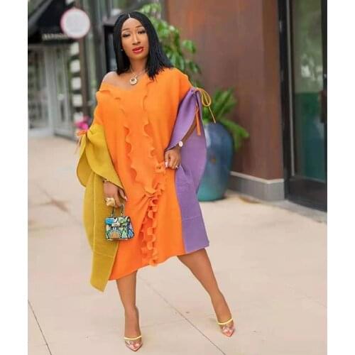 African dress female color matching pleated chic fashion comfortable overalls midi party dress vestidos de noche evening dress