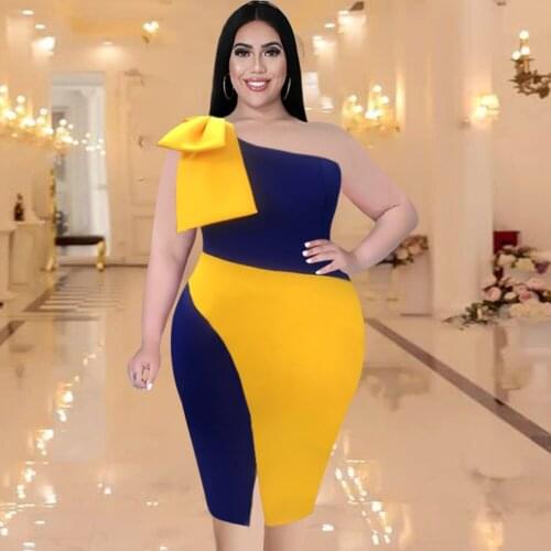 Plus Size Sheath Dresses Blue Yellow Patchwork Bare Shoulder Sexy Sleeveless Bodycon Elegant Women Party Night Club Dress