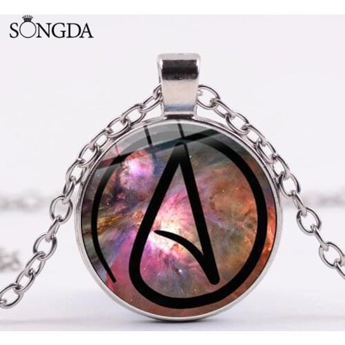 Simple Atheism Symbol Long Necklace Handmade Photo Glass Cabochon Pendant Atheists Materialism Statement Necklace Jewelry