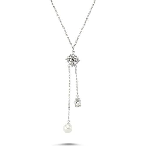Silver 925 Sterling Pearl & Zircon Crystal Crown Necklace (70cm)