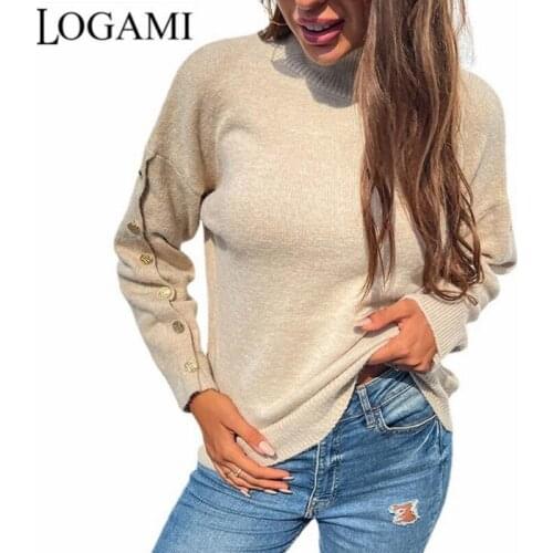LOGAMI Turtleneck Button Sleeve Knit Sweater Female Autumn Winter Pullover Women New 2021 Sweaters