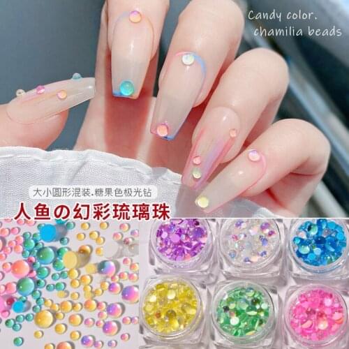 Candy Colors Mixed Size Mermaid Round Glass Crystal Beads AB 3D Nail Art Rhinestones DIY Flatback Acrylic Stones Decorations