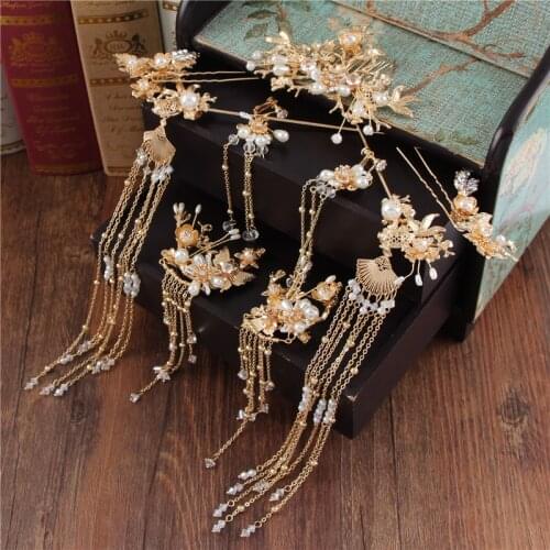New Style Chinese Clothing Bride Ancient Headdress Chinese Wedding Golden Suit Tassels Hairpin-Chinese Traditional Wedding Dress