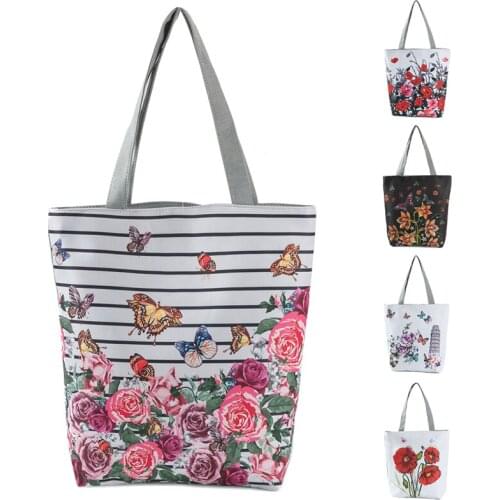 2021 Floral Printed Handbag Women Shoulder Bag Canvas Summer Beach Bag Daily Use Female Shopping Bag Lady