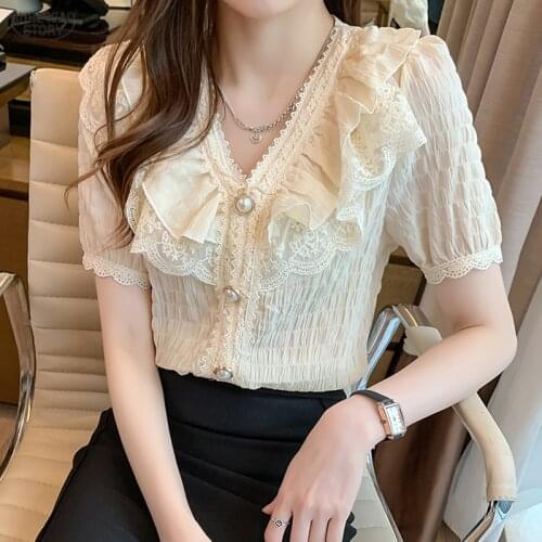 Summer Women Shirt 2021 Korean Single Breasted Blouse White Chiffon Lace Blouse Sweet V-neck Vintage Short Sleeve Tops 15273