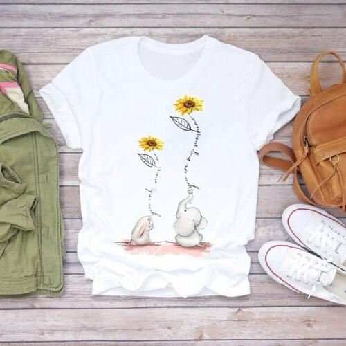 Women Cartoon Kawaii Elephant Flower Love Animal 90s Print Lady T-shirts Top Womens Graphic T Shirt Ladies Female Tee T-Shirt