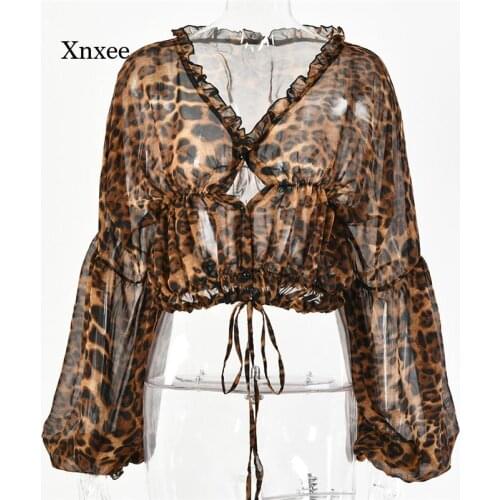 2021 Autumn Chiffon Leopard Print Womens Top Sexy V-Neck Drawstring Tie Shirt Casual Long-Sleeved Topb