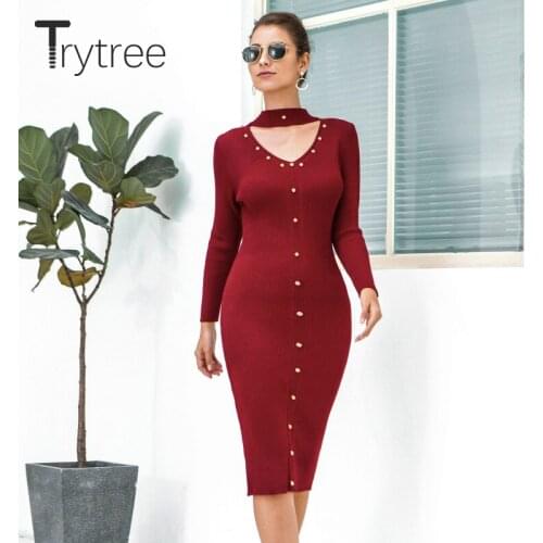 Trytree 2020 Autumn Winter Women Dress Casual V-neck Solid 5 Colour Button Slim fit Fashion Knee-Length Office Lady Dress
