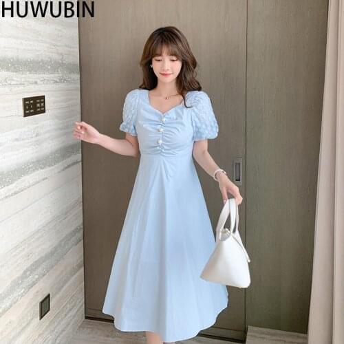 2021 Summer New Korean Womens Slim Waist Solid Color V-Neck Lantern Sleeve Mid Length Dress French Retro Hepburn Style Dress