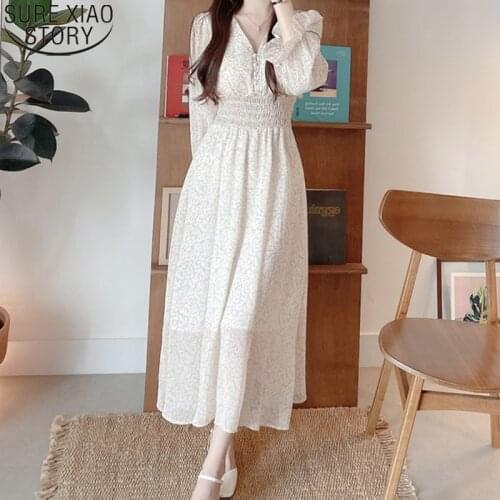 Casual Autumn Elegant V-neck Midi Chiffon Floral Dress Fashion Vintage Maxi Dress Women Long Sleeve Women Dresses Vestidos 11665
