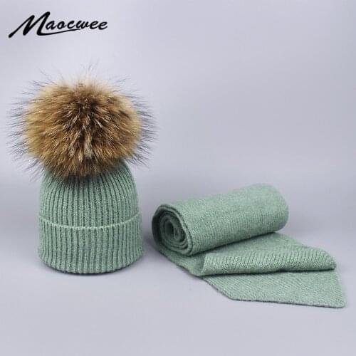 Winter 2 Pieces Hat Scarf Sets For Children And Adult Knitted Wool Real Natural Raccoon Fur Pompon Warm Thick Skullies Beanies
