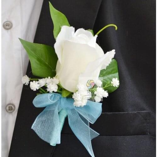 1Piece Handmade Groom Boutonniere White Silk Rose Flower Wedding Best Man Corsage Party Prom Suit Brooch Cloth Accessories