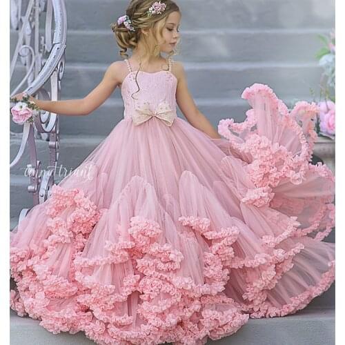 2020 Puffy Flower Girl Dresses For Wedding Pink Ruffles Tiered Skirts Toddler Pageant Gowns Tulle Beaded First Communion Dress