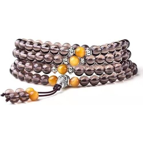 6/8mm Womens Crystal Multiturn Bracelets Brown Crystal Ice Round Buddha Beads Bracelets Gift for Lovers Fine Jewelry