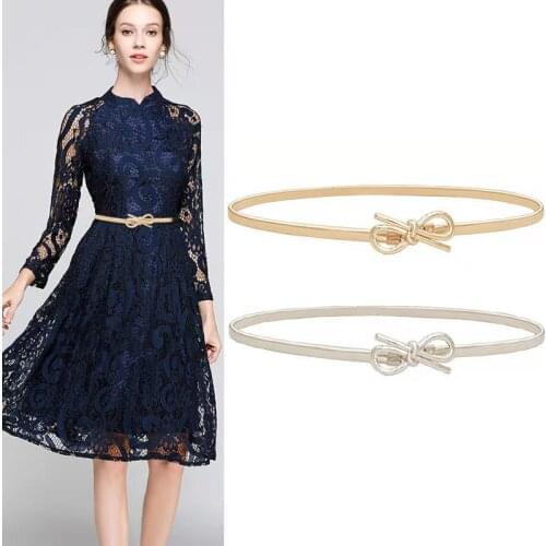 Elastic Thin Belt Women Gold Silver Metal Waist Chain Girl Version Elegant Versatile Bow Dress Elastic Girdle Party Flowers Belt