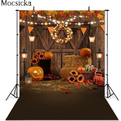 Autumn Baby Portrait Photography Backdrops Fall Harvest Pumpkin Wood Door Haystack Decoration Child Birthday Background Photo