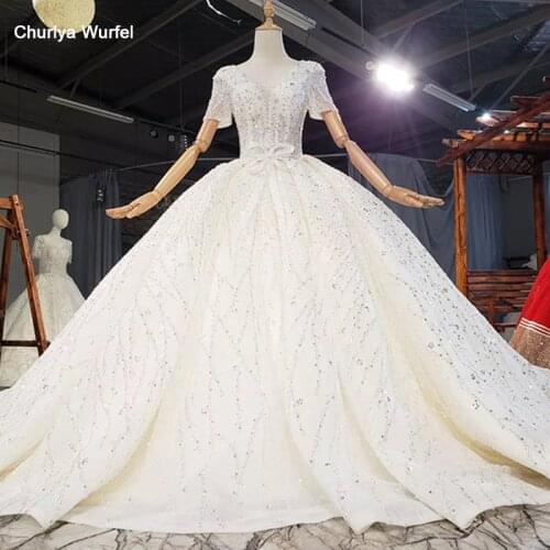 HTL1766 Luxurious Beaded Sequin Pearls V-Neck With Short Sleeve Custom Wedding Dress 2020 Backless vestidos de noiva 2021