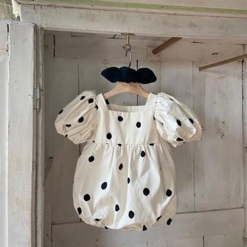 Infant Romper New Summer Baby Short Puff Sleeve Polka Dot Jumpsuit Newborn Girl Square Neck Clothes + Hair Band Kids Casual Tops