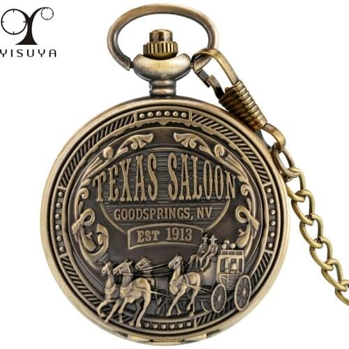 Antique Bronze Texas Saloon Pattern Quartz Pocket Watch Retro Fashion Pocket Pendant Clock Gifts Men Women Fob Chain Watch