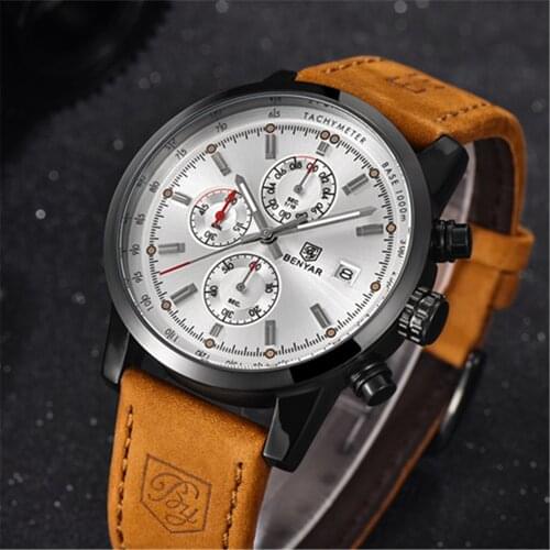 BENYAR Design Top Luxury Brand Quartz Watch Leather Sports Waterproof Watch Chronograph Military Mens Watch Relogio Masculino