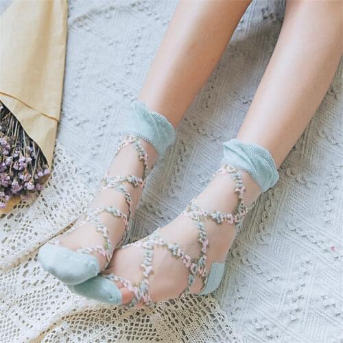 1 Pair Breathable Ultra Thin Socks Summer Women Transparent Lace Silk Crystal Rose Flower Girls Elastic Short Socks Female Sox