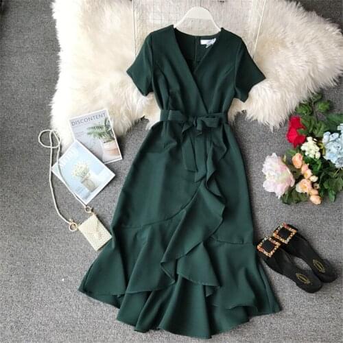 2020 Summer New Women Vintage Ruffles Dress Casual Short-sleeved V-neck With Belt Dress Fashion Elegant Ladies Dresses Vestidos