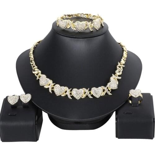 Wholesale NEW African Dubai Gold Bridal XO Jewelry Sets for Women Bracelet Earrings Wedding Crystal Heart-shaped Necklace Sets