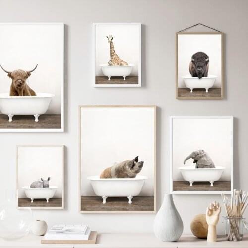 Bathtub Animals Flamingo Elephant Giraffe Panda Nordic Posters And Prints Wall Art Canvas Painting Wall Pictures Bathroom Decor
