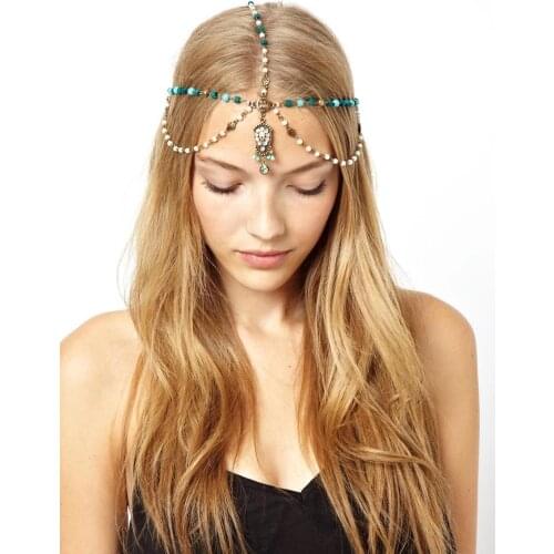 Fashion New European Style Bronze Metal Pearl Blue Wood Bead Rhinestone Carved Flower Tassel Hair Accessories Headband