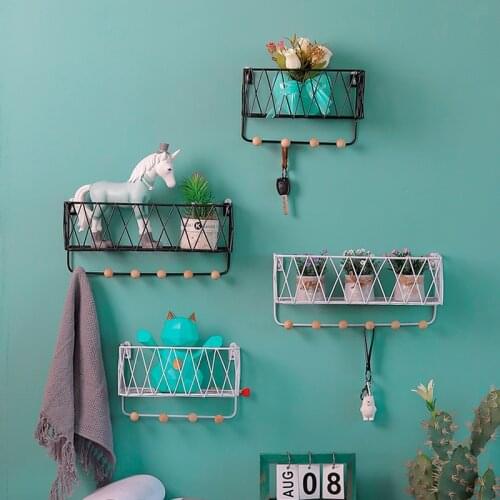Simple Iron Wall Storage Rack With Hook Key Chain Hat Towel Frame Home Kitchen Bathroom Decoration Potted Plant Display Shelf