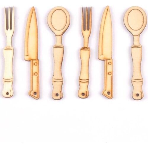 12Pcs mixed knives and forks natural Wooden Scrapbooking Craft for Embellishments Handmade Diy Accessory Decor 9x70mm MT1737