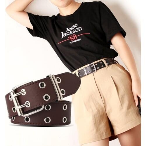 Classic Double Row Air Hole Womens Belts Fashion Square Pin Buckle Decorative Wide Waist Belt Harajuku Vintage Punk Waistband