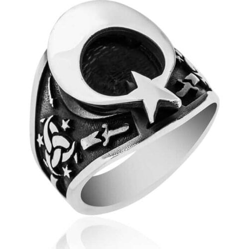 Tevuli 925 Sterling Silver Templar-i Mahsusa Crested Moon Star Men 'S Ring