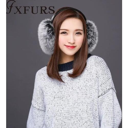 FXFURS 2020 New Fashion Cute Oversized Fox Fur Earmuffs Warm Fur Real Fur Earflaps with Leather Shelf Women Ear Protector Winter