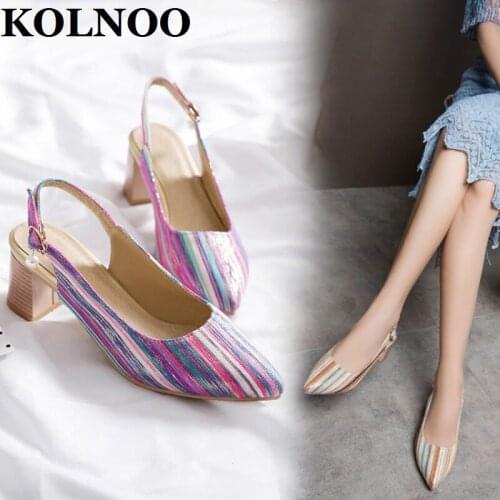 KOLNOO Handmade Ladies 5cm Mid-Heels Pumps Slingback Strip-Leather Sexy Vintage Daily Wear 3-Colors Fashion Party Prom Shoes