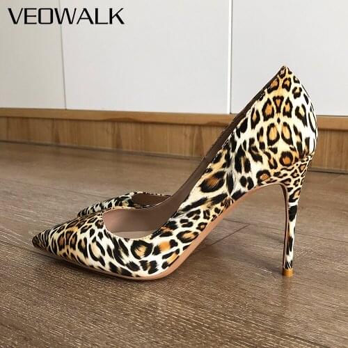 Veowalk Women Leopard Print Pointed Toe Stiletto Pumps Sexy Ladies Fashion Extremely High Heel Party Shoes Plus Size