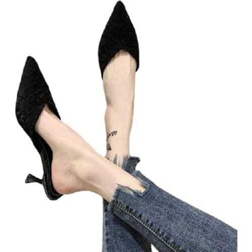 2021 Half Drag Womens High Heel Thin Heel Pointed Wrinkled Face Slippers New Korean Fashion Womens Shoes In Spring and Summer