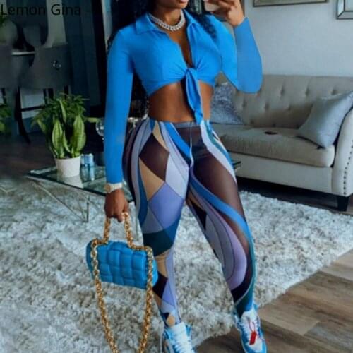Lemon Gina Women Tracksuit Print Bandage Crop Tops + Pants Two 2 Piece Sets Sexy Fashion High Streetwear Casual Outfit Autumn