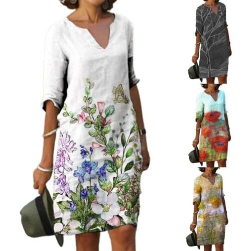 50% Hot Sales Summer Dress V-neck Loose Printing Vintage Casual Five-point Sleeve Dress for Travel